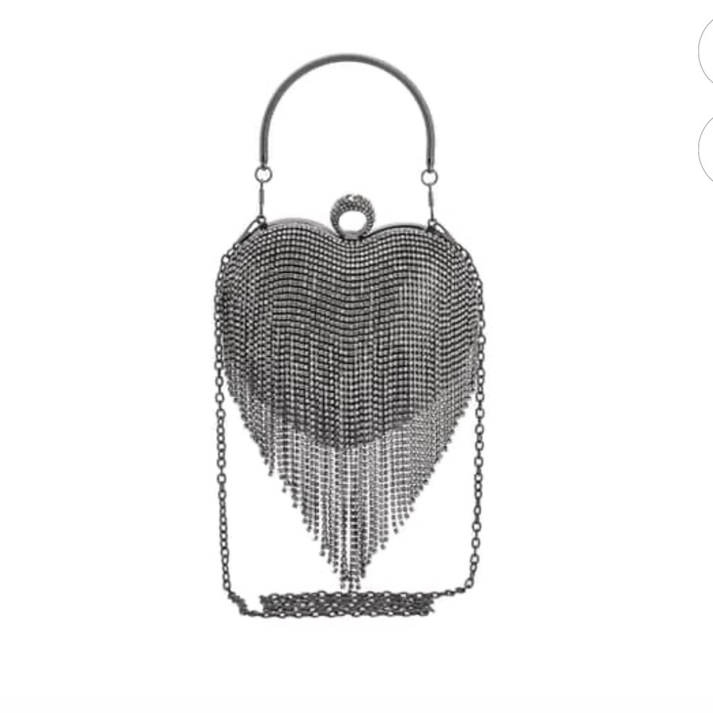Heart Shape Austrian Crystal Clutch With Removable Shoulder Strap(Blk or silver)